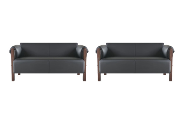 Sofá moderno de 2 plazas con conjunto de sofás de cuero negro y madera.