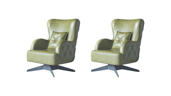 Conjunto de sillones Chesterfield verde tapizado clásico con patas de acero inoxidable y cojines de cuero.