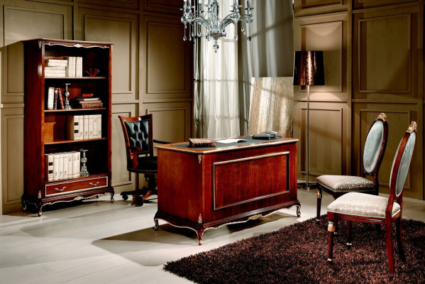 Escritorio de oficina clásico, conjunto de 2 piezas, mesa de madera y silla barroca.