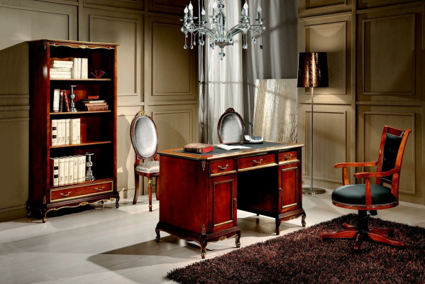 Escritorio de oficina clásico, conjunto de 2 piezas, mesa de madera y silla barroca.