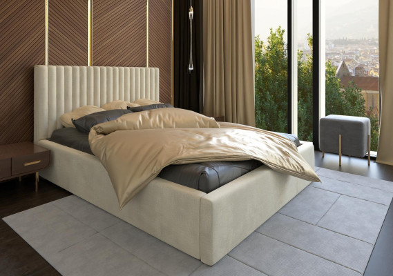 Cama beige cama doble de madera moderna cama elegante tapizada en tela dormitorio nuevo.