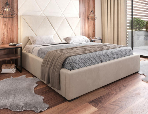Cama beige Cama doble Estilo elegante Cama tapizada Tela Dormitorio Moderno Nuevo.