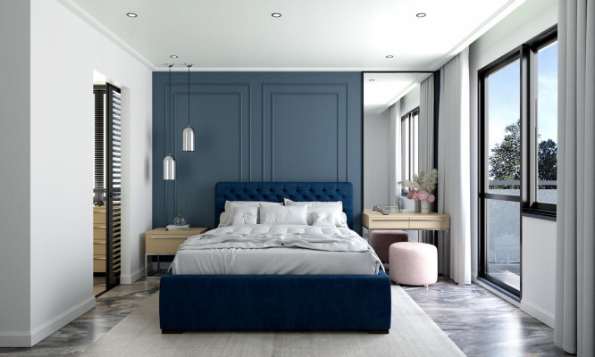 Cama azul de diseño moderno con tela acolchada cama doble de madera elegante nueva