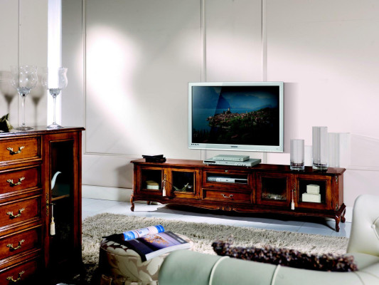 Aparador de lujo para TV, gabinete de TV en el estilo barroco italiano de diseño de muebles de madera para sala de estar.