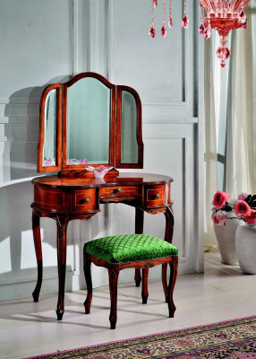 Muebles italianos de madera de lujo de 2 piezas: tocador y taburete barroco para el dormitorio.