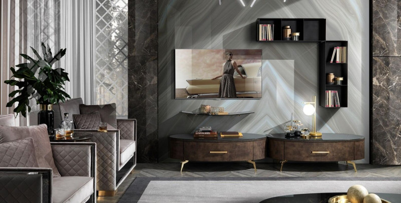 Conjunto de estantería para sala de estar de 4 piezas. Diseño de pared de sala, armario, mueble bajo RTV.