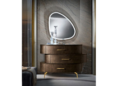 Cómoda con espejo. Cómodas dormitorio armario madera diseño moderno conjunto marrón.