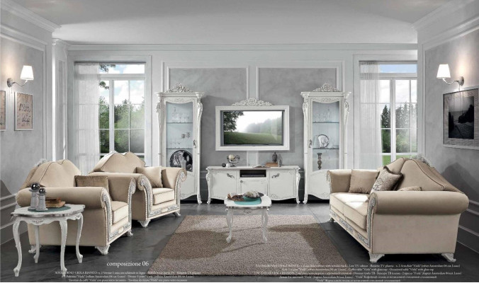 Mueble de TV de madera vitrina de salón estante de pared de diseño Bizzotto, juego de 2 piezas. Blanco.