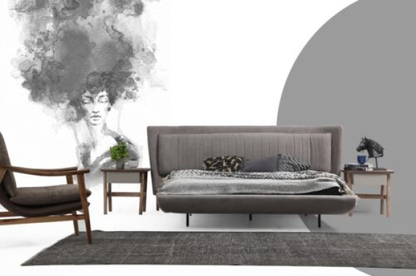Juego de dormitorio cama doble cama mesitas de noche gris Set 3 piezas tela
