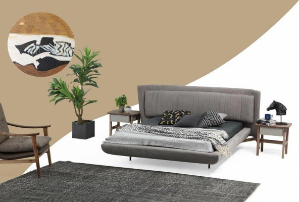 Juego de dormitorio cama doble cama mesitas de noche gris Set 3 piezas tela
