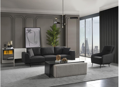 Sofá de 4 plazas con sillón a juego de tela moderno en gris.
