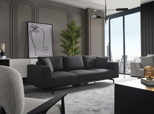 Sofá de 4 plazas con sillón a juego de tela moderno en gris.