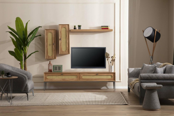 Mueble de TV bajo, mueble de pared para el salón de madera, estante de pared, conjunto de 4 piezas.