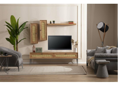 Mueble de TV bajo, mueble de pared para el salón de madera, estante de pared, conjunto de 4 piezas.