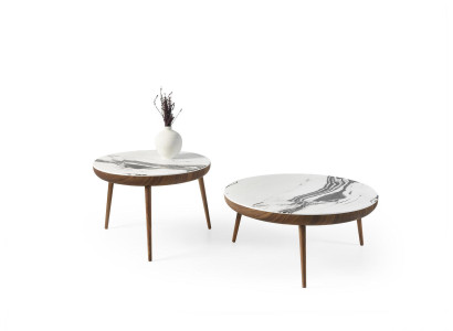 Juego de mesas de café, 2 piezas, mesa de salón, muebles redondos de madera blanca diseño.