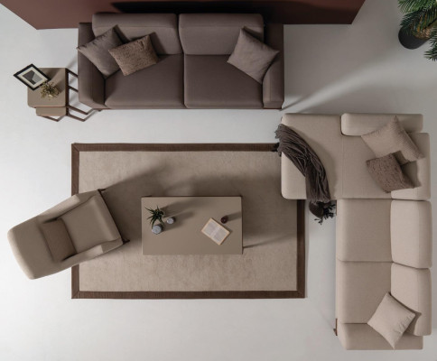 Sofá esquinero de salón en forma de L, sofá de 3 plazas, sillón, mesa de centro y set de 2 mesitas auxiliares.
