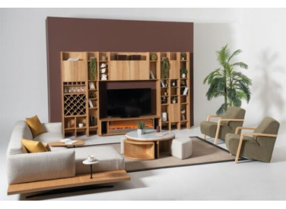 Conjunto de pared de salón con chimenea eléctrica, paredes modulares, sofá de esquina, sillón, juego completo de 5 piezas.
