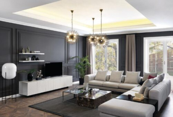 Muebles de salón sofá esquinero en forma de L con soporte para TV, 3 mesas de centro, sofá y muebles tapizados.