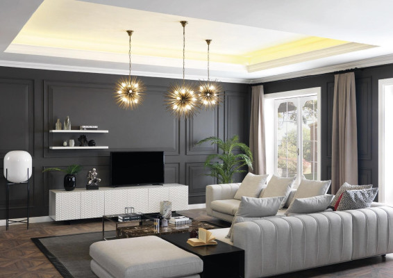 Muebles de salón sofá esquinero en forma de L con soporte para TV, 3 mesas de centro, sofá y muebles tapizados.