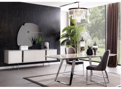 Grupo de comedor conjunto Mesa 4 sillas Cómoda Espejo 7 piezas Gris Conjunto de comedor