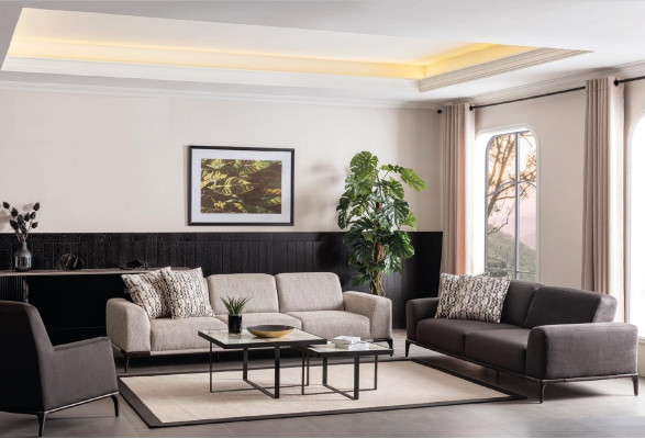 Juego de sala con sofás de 4, 3 y 1 plazas, tapizado en tela, sofá, sillón, lujo.