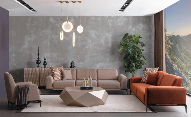 Sillón de salón diseño sofá lujo tapizado moderno marrón madera textil.