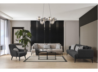 Conjunto completo de sofás 431 plazas en tela gris moderna.