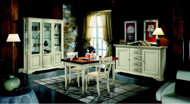 Juego de comedor de diseño de madera de 5 piezas con cómoda, 2 sillas, mesa y vitrina nuevo.