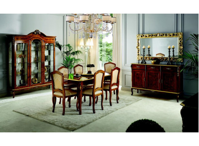 Mesa de comedor, 6 sillas, vitrina, cómoda, espejo. Conjunto completo de comedor de 10 piezas.