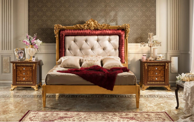 Juego de dormitorio con cama de diseño de lujo Set de muebles barrocos 2 mesitas de noche 3 piezas.