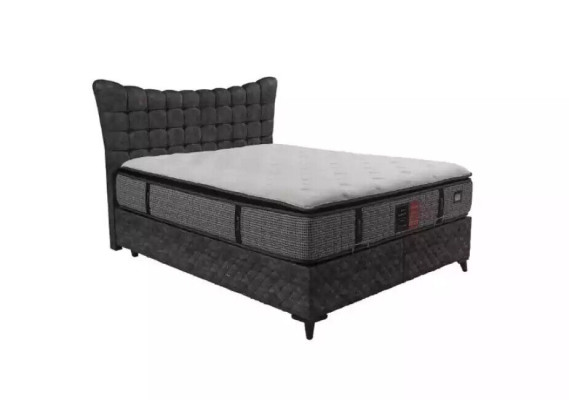 Cama Boxspring de lujo con cama doble incluida. Colchón con patrón Caro en gris.
