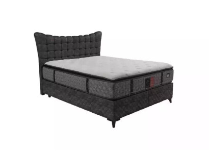 Cama Boxspring de lujo con cama doble incluida. Colchón con patrón Caro en gris.