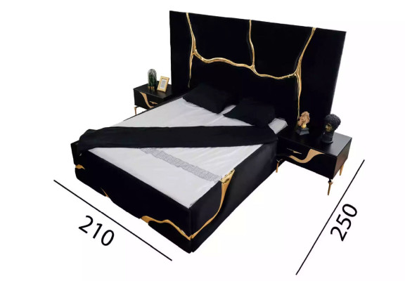 Lujo conjunto de dormitorio cama con patrón de golpes dorados camas 200x200.
