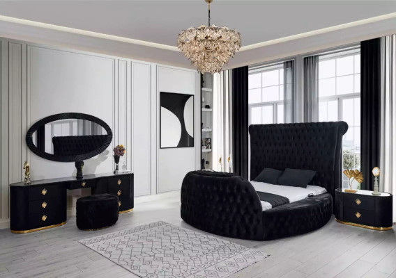 Cama negra Chesterfield cama doble moderna cama tapizada moderna