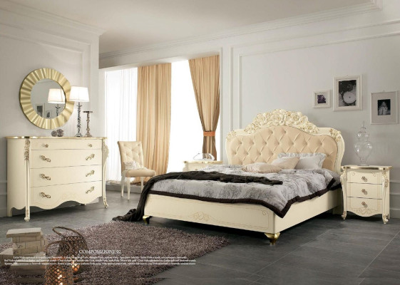 Juego de dormitorio beige Cama de dormitorio Mesita de noche Cómoda Espejo Silla de 6 piezas.