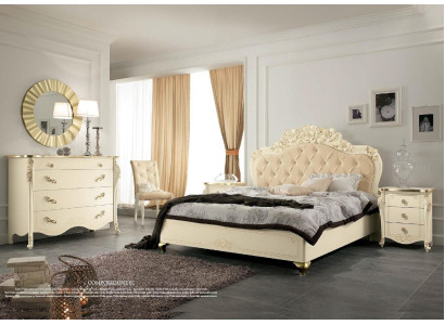 Juego de dormitorio beige Cama de dormitorio Mesita de noche Cómoda Espejo Silla de 6 piezas.