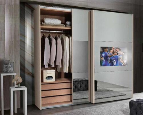 Armario armarios armario de ropa de lujo de madera con puertas correderas de TV con televisor.
