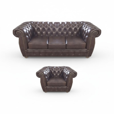 Sofá de cuero Chesterfield marrón de tres plazas nuevo para salón de casa.