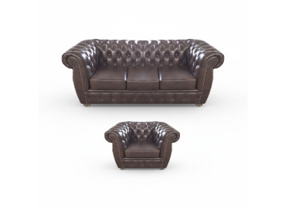 Sofá de cuero Chesterfield marrón de tres plazas nuevo para salón de casa.