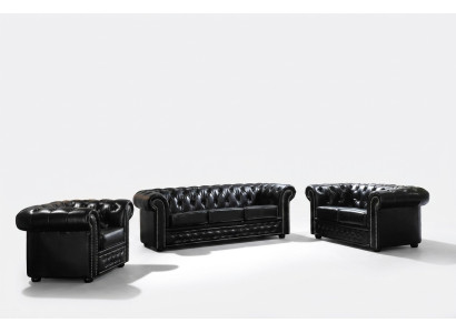 Chesterfield Sofá de cuero Sofá Sofá Tapizado Juego de asientos Tapizado 3+2 plazas