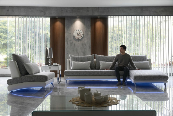 Sofá esquinero moderno de diseño, conjunto de sofá tapizado de tela de 155x390 cm.