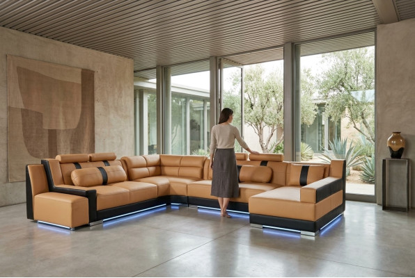 XXL sofá rinconero de cuero en forma de U conjunto grande de muebles tapizados