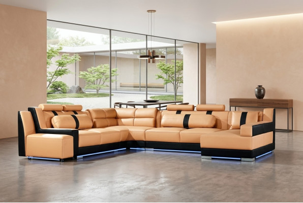 XXL sofá rinconero de cuero en forma de U conjunto grande de muebles tapizados