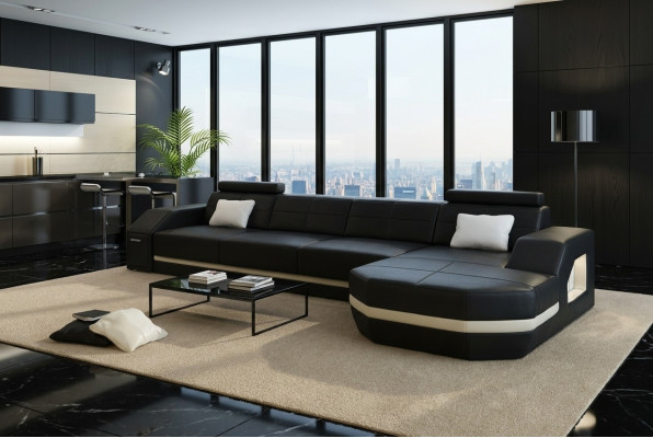 Elegante sofá de esquina negro en forma de L. Muebles elegantes para tu hogar.