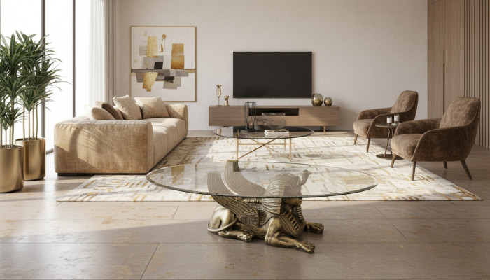 Mesa de centro Mesa de vidrio Mesas de vidrio Faraón Esfinge Mesa auxiliar de vidrio Egipto 120x60cm