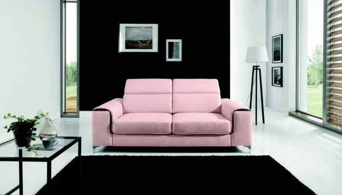 Un sofá de 2 plazas moderno y cómodo en color rosa elegante y respetable.