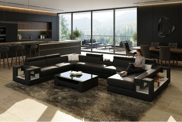XXL Gran paisaje residencial sofá de cuero sofá sillón tapizado juego de sofás
