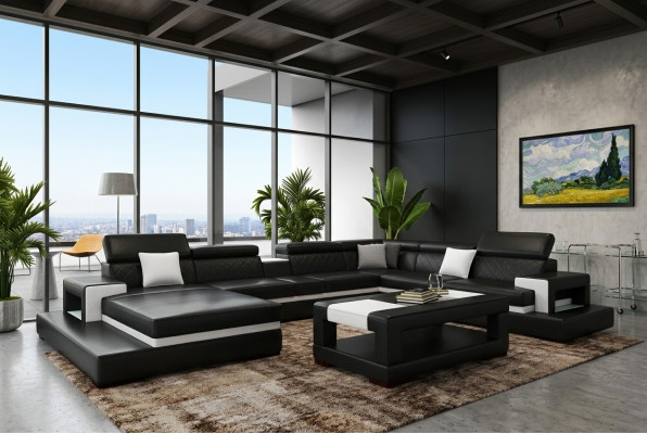 Sofá de cuero XXL esquinero de diseño gran sofá tapizado esquinero asiento decoración conjunto.
