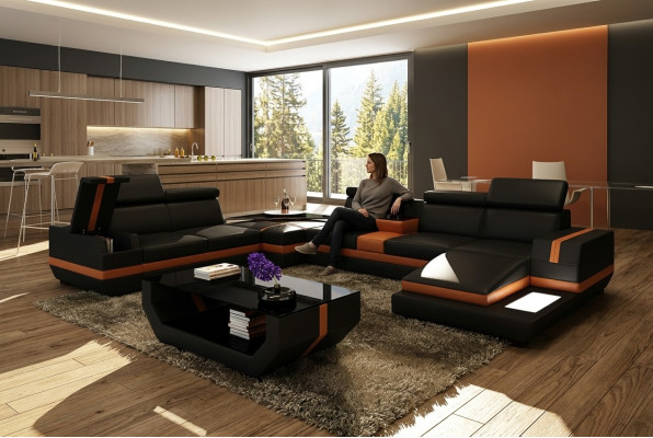 Sofá de cuero, sofá de sala de estar en forma de U, sofá moderno de diseño en forma de L, sofás de esquina de diseño 5099