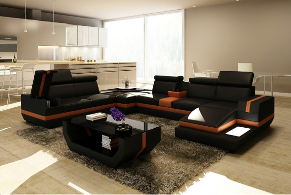 Sofá de cuero, sofá de sala de estar en forma de U, sofá moderno de diseño en forma de L, sofás de esquina de diseño 5099